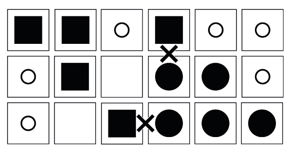 Joonisel on kujutatud 6x3 väljalõige mänguruudustikust. Võimalusel ehitage joonisel sisalduv mängulaual valmis. Ülemise rea paigutus: 1. Ruudunupp, 2. Ruudunupp, 3. Vaba mänguruut, 4. Ruudunupp, 5. Vaba mänguruut, 6. Vaba mänguruut. Keskmise rea paigutus: 1. Vaba mänguruut, 2. Ruudunupp, 3. Rüüstenupp, 4. Ringinupp, 5. Ringinupp, 6. Vaba mänguruut. Alumise rea paigutus: 1. Vaba mänguruut, 2. Rüüstenupp, 3. Ruudunupp, 4. Ringinupp, 5. Ringinupp, 6. Ringinupp. Rünnakuvõimalused asuvad antud joonisel ülemise ning keskmise rea neljandatel ruutudel ja alumise rea kolmandal ning neljandal ruudul.